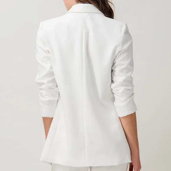 NEW Classic Collar Mid Length Side Pocket Open Front Cardigan Long Blazer Ivory - Picture 6 of 10